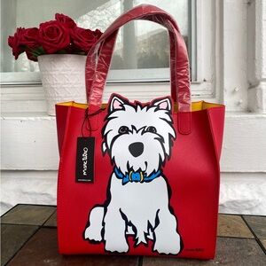 Marc Tetro Westie Small Tote Bag Red PVC Dog Design, Zipped Pocket UNUSED + Tags